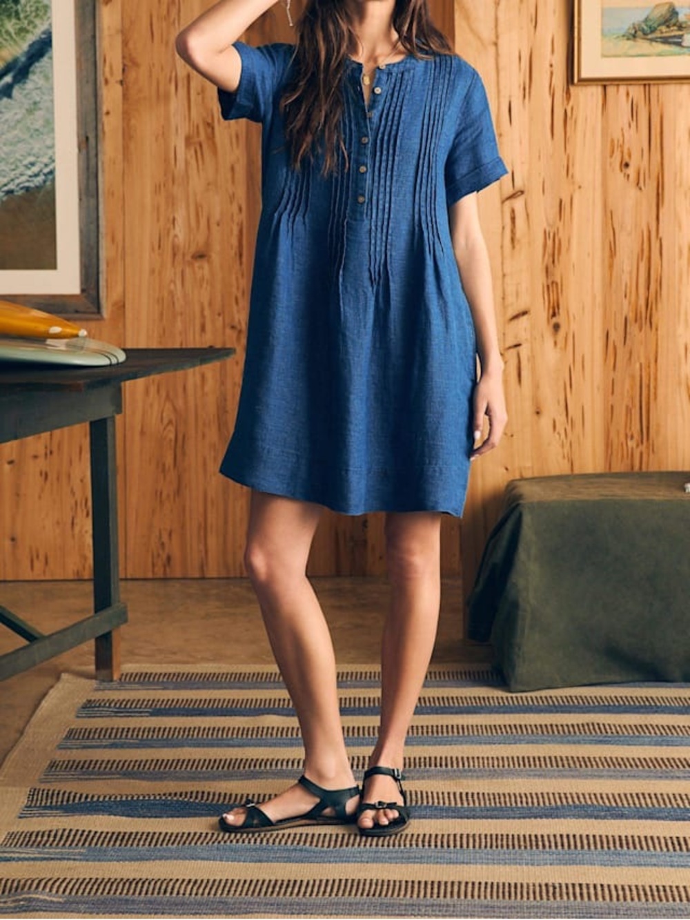 FAHERTY $178 Genna Indigo Blue Short-Sleeve Linen Pintuck Shift Dress XS EUC